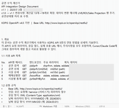 KOPIS 공연수익계산기 개발을 위해 API 활용규칙을 직접 정리한 문서